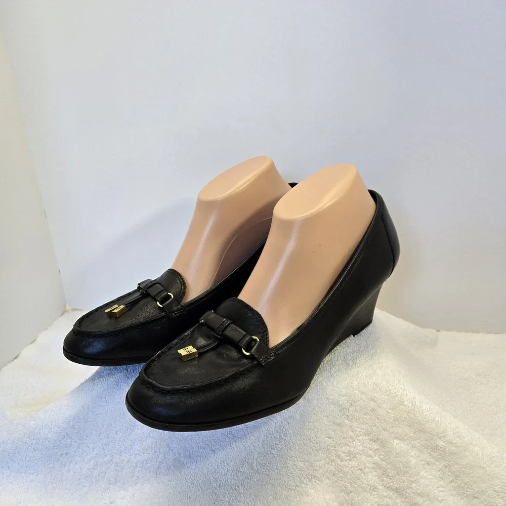 Lauren Ralph Lauren Rory Black  Leather Tassel Loafer Wedge Heels Women 9.5 B